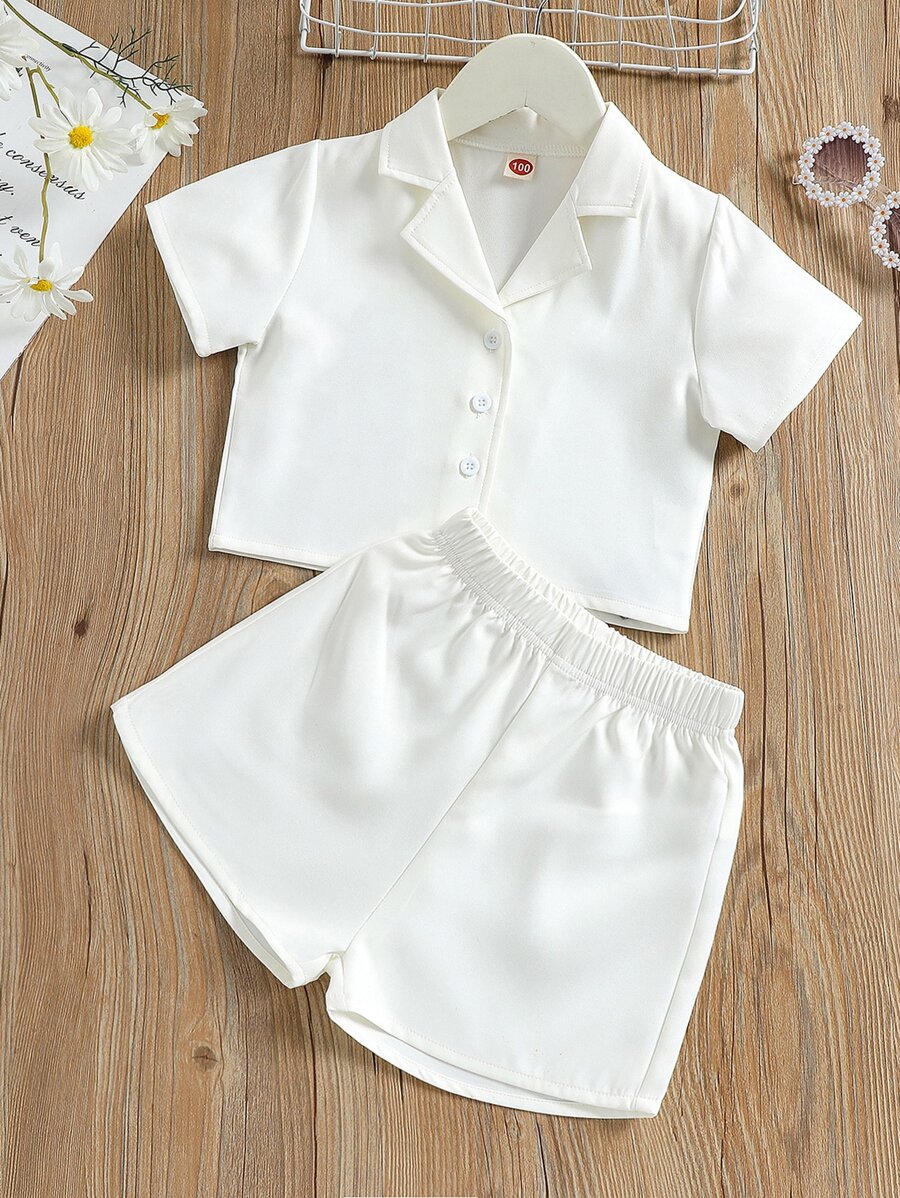 Toddler Girls Lapel Collar Button Front Shirt & Shorts - White - View 1