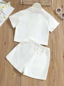 Toddler Girls Lapel Collar Button Front Shirt & Shorts - White - View 2