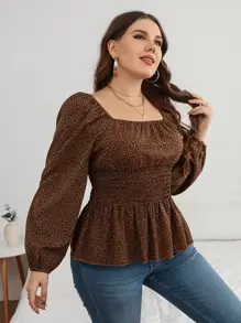 Vionelle 加大豹纹灯笼袖褶皱荷叶边衬衫荷叶边上衣女士秋季服装 - 咖啡棕 - 查看 3