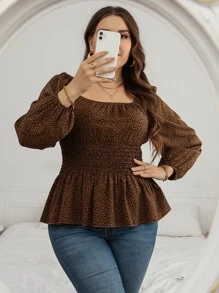 Vionelle 加大豹纹灯笼袖褶皱荷叶边衬衫荷叶边上衣女士秋季服装 - 咖啡棕 - 查看 5