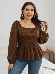 Vionelle 加大豹纹灯笼袖褶皱荷叶边衬衫荷叶边上衣女士秋季服装 - 咖啡棕 - 查看 6