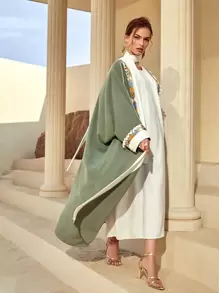 Al Najma Open Front Fringe Detail Batwing Sleeve Belted Modest Long Sleeve Abaya, Robe - Army Green - View 2