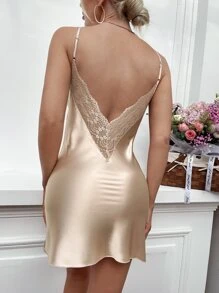 Contrast Lace Backless Satin Cami Night Dress - Champagne - View 2