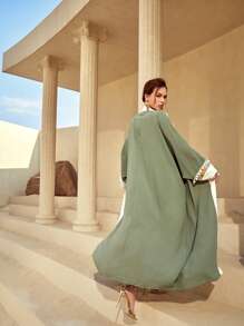 Al Najma Open Front Fringe Detail Batwing Sleeve Belted Modest Long Sleeve Abaya, Robe - Army Green - View 3