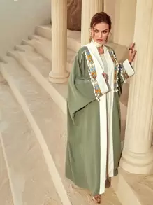 Al Najma Open Front Fringe Detail Batwing Sleeve Belted Modest Long Sleeve Abaya, Robe - Army Green - View 4