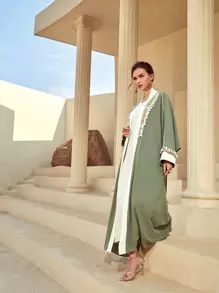 Al Najma Open Front Fringe Detail Batwing Sleeve Belted Modest Long Sleeve Abaya, Robe - Army Green - View 5