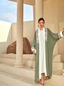 Al Najma Open Front Fringe Detail Batwing Sleeve Belted Modest Long Sleeve Abaya, Robe - Army Green - View 6