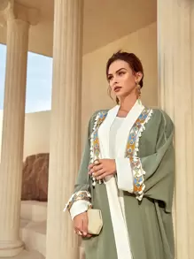 Al Najma Open Front Fringe Detail Batwing Sleeve Belted Modest Long Sleeve Abaya, Robe - Army Green - View 8