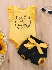 Baby Slogan Graphic Ruffle Trim Bodysuit & Sunflower Print Belted Shorts - Multicolor - View 1