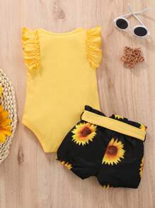 Baby Slogan Graphic Ruffle Trim Bodysuit & Sunflower Print Belted Shorts - Multicolor - View 2