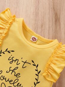 Baby Slogan Graphic Ruffle Trim Bodysuit & Sunflower Print Belted Shorts - Multicolor - View 3