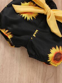 Baby Slogan Graphic Ruffle Trim Bodysuit & Sunflower Print Belted Shorts - Multicolor - View 7