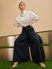 Modelyn Solid High Waist Culotte Trousers - Navy Blue - View 6