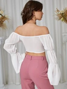 SHEIN Unity 一字肩褶邊前紐扣鐘形袖短款上衣 - 白色 - 查看 2