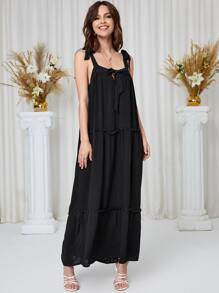 Đầm Nơ Bướm viền lá sen Viên lá sen màu trơn Giải trí - màu đen - Xem 1