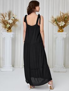 Đầm Nơ Bướm viền lá sen Viên lá sen màu trơn Giải trí - màu đen - Xem 2