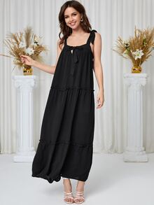 Đầm Nơ Bướm viền lá sen Viên lá sen màu trơn Giải trí - màu đen - Xem 3