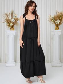 Đầm Nơ Bướm viền lá sen Viên lá sen màu trơn Giải trí - màu đen - Xem 4