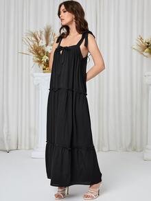 Đầm Nơ Bướm viền lá sen Viên lá sen màu trơn Giải trí - màu đen - Xem 5