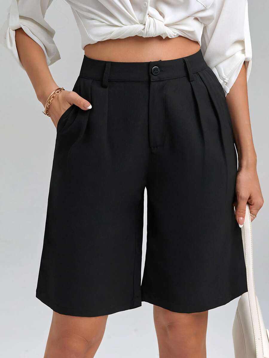 SHEIN Unity Fold Pleated Slant Pocket Shorts - Black - View 1
