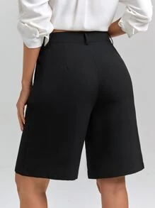 SHEIN Unity Fold Pleated Slant Pocket Shorts - Black - View 2