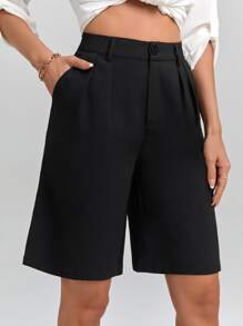SHEIN Unity Fold Pleated Slant Pocket Shorts - Black - View 3