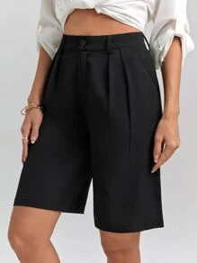 SHEIN Unity Fold Pleated Slant Pocket Shorts - Black - View 4