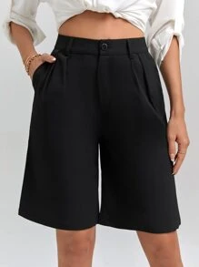 SHEIN Unity Fold Pleated Slant Pocket Shorts - Black - View 5