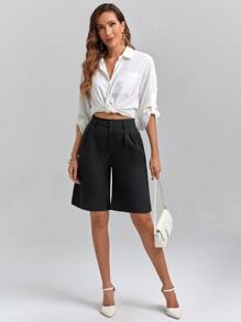 SHEIN Unity Fold Pleated Slant Pocket Shorts - Black - View 6