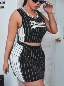 SHEIN EZwear Plus Letter Graphic Striped Tank Top And Skirt Set - Black - View 1
