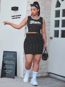 SHEIN EZwear Plus Letter Graphic Striped Tank Top And Skirt Set - Black - View 3