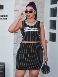SHEIN EZwear Plus Letter Graphic Striped Tank Top And Skirt Set - Black - View 4