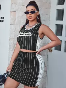 SHEIN EZwear Plus Letter Graphic Striped Tank Top And Skirt Set - Black - View 5