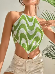 SHEIN Holidaya 繞頸滿版圖案後綁帶不對稱下擺針織短上衣 - 彩色 - 查看 1