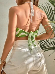 SHEIN Holidaya 繞頸滿版圖案後綁帶不對稱下擺針織短上衣 - 彩色 - 查看 2