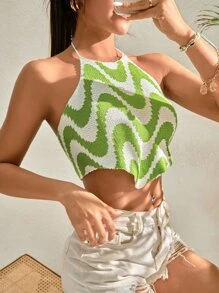 SHEIN Holidaya 繞頸滿版圖案後綁帶不對稱下擺針織短上衣 - 彩色 - 查看 4