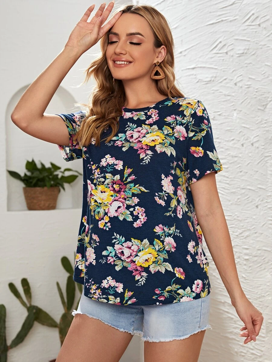SHEIN Maternity Floral Crew Neck Tee - Multicolor - View 1