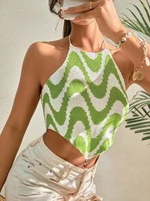 SHEIN Holidaya 繞頸滿版圖案後綁帶不對稱下擺針織短上衣 - 彩色 - 查看 5