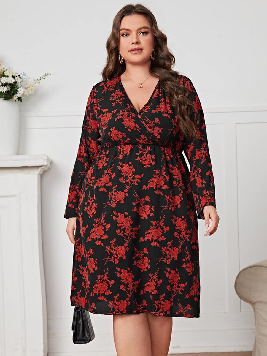 大碼印花交疊領連衣裙 - 彩色 - 查看 1