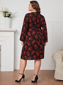 大碼印花交疊領連衣裙 - 彩色 - 查看 2