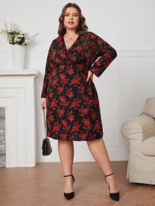 大碼印花交疊領連衣裙 - 彩色 - 查看 3