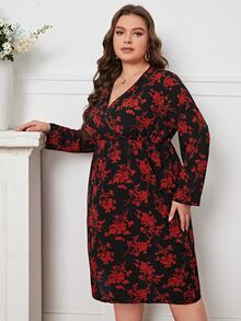 大碼印花交疊領連衣裙 - 彩色 - 查看 5