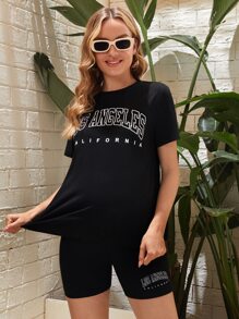 SHEIN Maternity Letter Graphic Tee & Biker Shorts Set