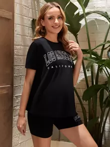 SHEIN Maternity Letter Graphic Tee & Biker Shorts Set