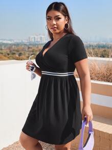 SHEIN Essnce Plus Striped Tape Rib Knit Dress - Black - View 5