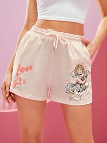 Unlogicstudio 腰部抽繩標語和天使圖案運動短褲 - 淺粉色 - 查看 1