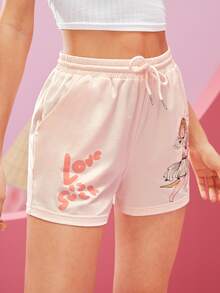 Unlogicstudio 腰部抽繩標語和天使圖案運動短褲 - 淺粉色 - 查看 4