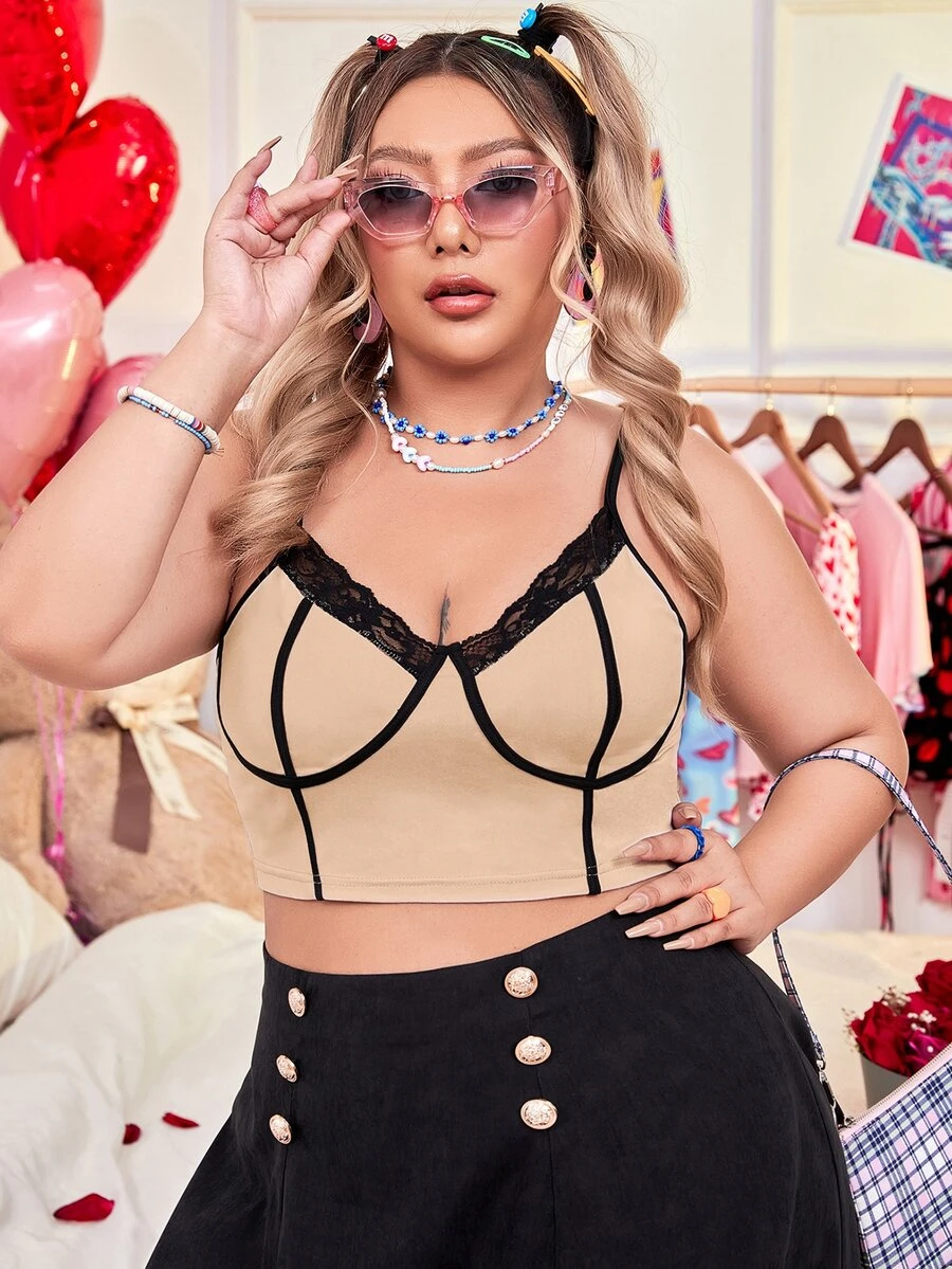 大碼蕾絲拼接緊身上衣吊帶短上衣 - 杏色 - 查看 1