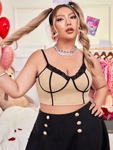 大碼蕾絲拼接緊身上衣吊帶短上衣 - 杏色 - 查看 3