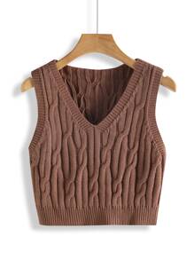 SHEIN Unity Cable Knit Sweater Vest - Coffee Brown - View 1